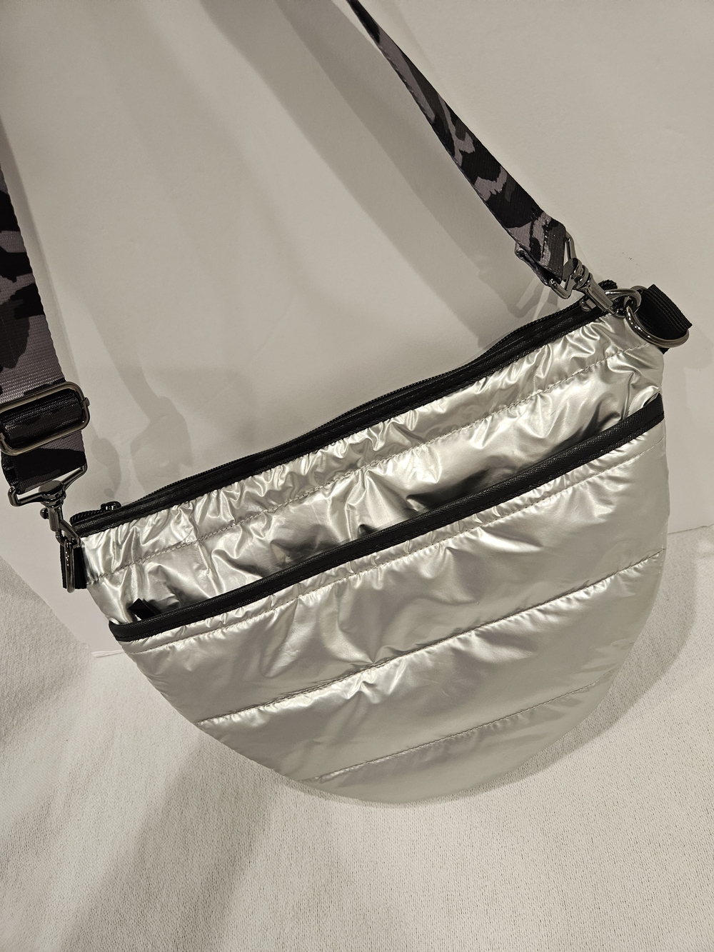 HAUTE SHORE Black Silver Quilted Pouch with Logo Lining Crossbody Shoulder Bag